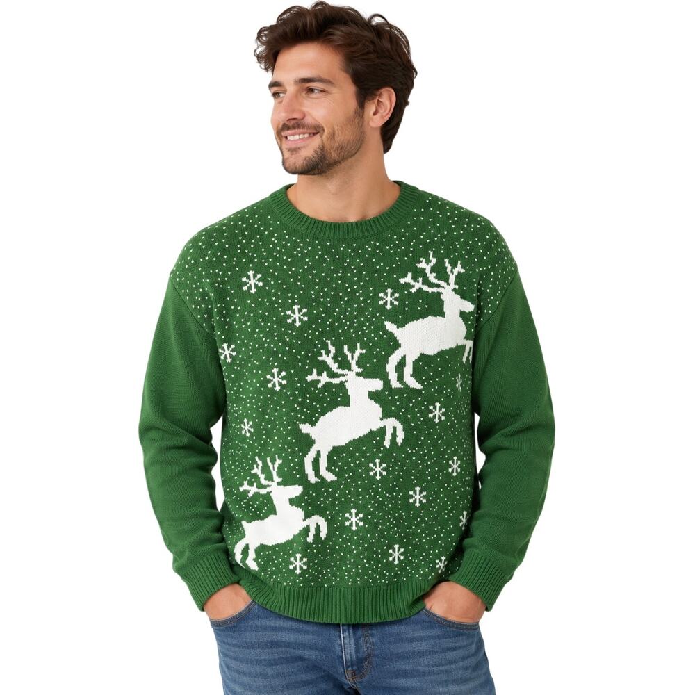 Christmas Sweater Men’s XL Green Reindeer Snowflake TNT & Shadow Holiday